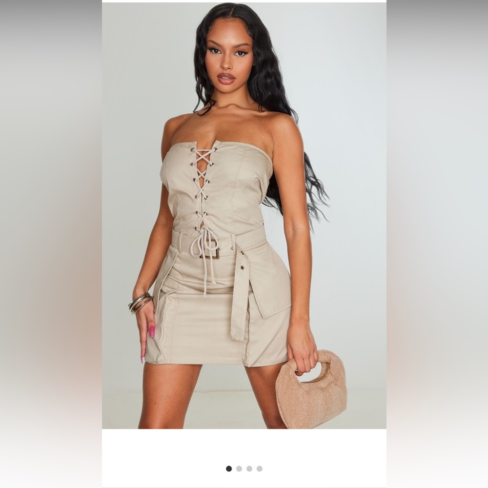 Cream Strapless Bodycon Dress with Tie Front